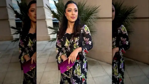 Woman in printed dress