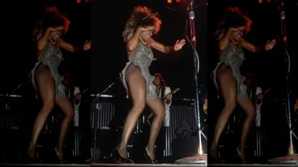 Tina Turner on stage in a gray dress
