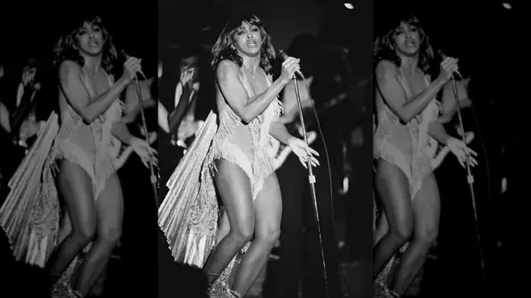 Tina Turner performing on stage in a fringed dress
