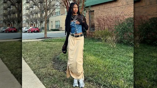 Woman outside in cargo skirt