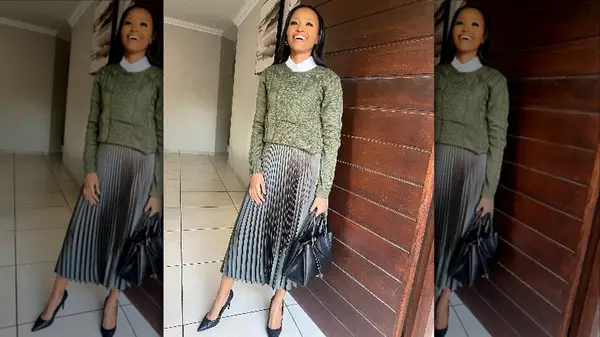 Woman laughing in pleated midiskirt