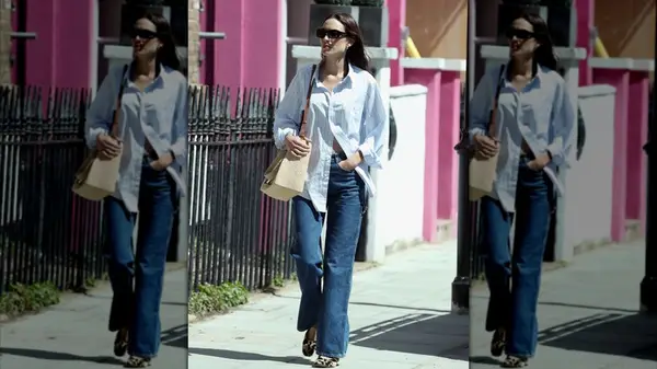 Alexa Chung wears striped shirt and netted bag