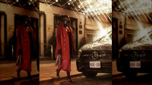 woman crossing the street in all red outfit