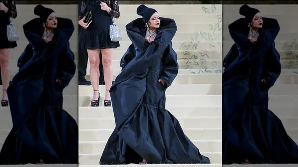 Rihanna at the 2021 Met Gala in a puffy, black gown