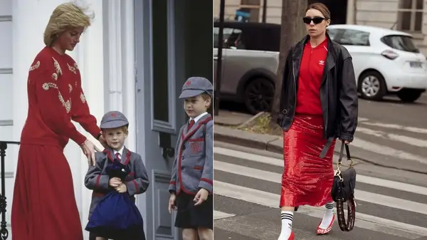 Princess Diana in red; a woman in all red 