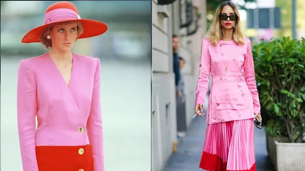 Princess Diana in reds and pinks; young woman in reds and pinks 