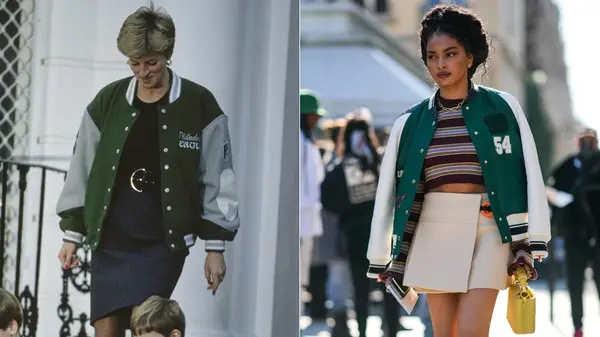 Princess Diana in green jacket; young woman in green varsity jacket 