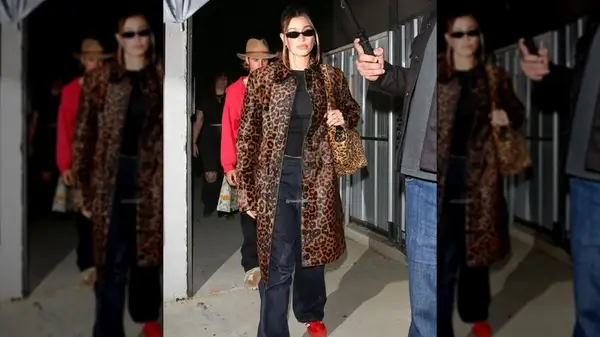 Hailey Bieber wears leopard print coat