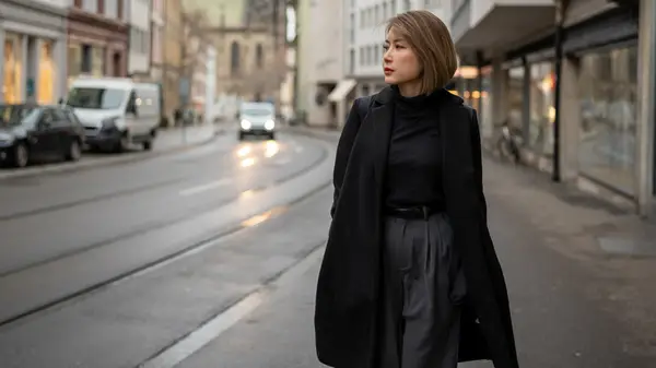 Woman wearing all black sitting on the stairs