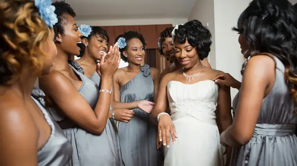 Bridal party gathered together 