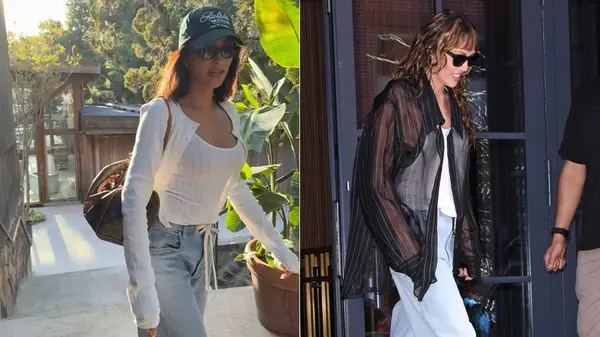 Split image of Shay Mitchell and Miley Cyrus wearing drawstring jeans