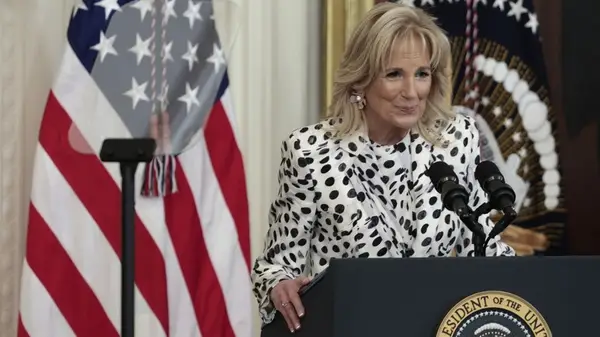 Jill Biden wearing a black and white spot outfit