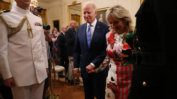 Jill Biden in a patchwork dress
