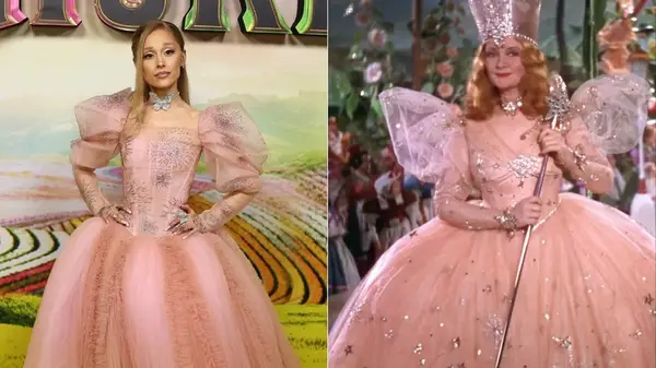 Ariana Grande posing in a pink ball gown at the Australian premiere of 