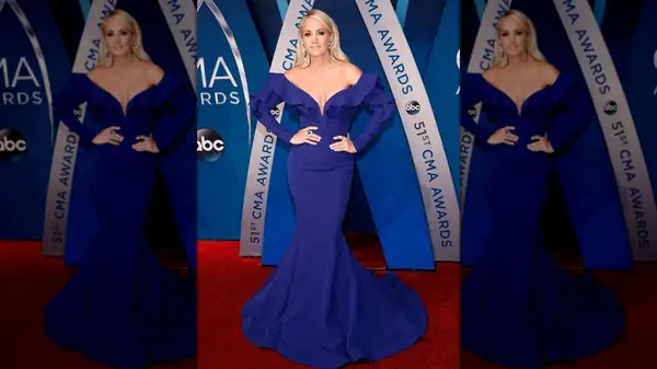 Carrie Underwood in a blue gown on the red carpet