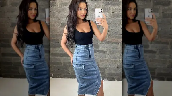 Woman in denim pencil skirt 