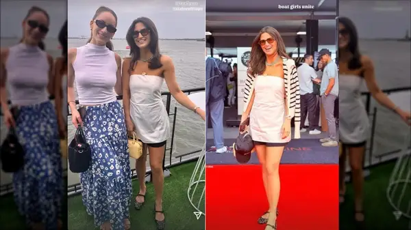 Split images of Kaitlan Collins wearing Mary Jane flats at a June 2025 event