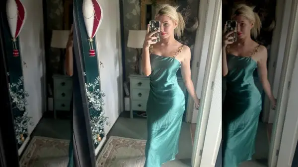 Woman in satin teal dress