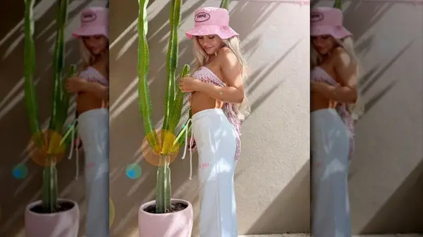 Woman wearing pink bucket hat