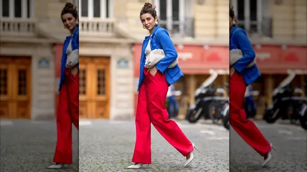 A woman in red and blue 