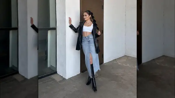 Woman wearing denim maxi skirt