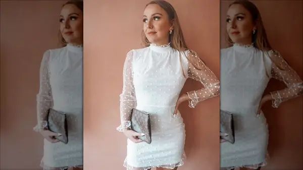 Woman in sheer polka dot dress