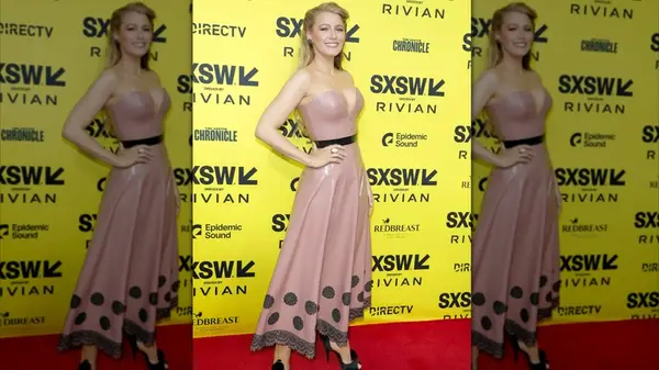Blake Lively in a beige latex dress at Another Simple Favor premiere