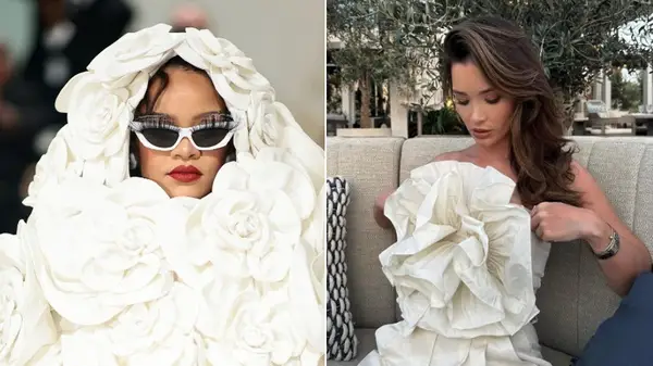 Split image of Rihanna and Lillie Grace in bold rosette outfits
