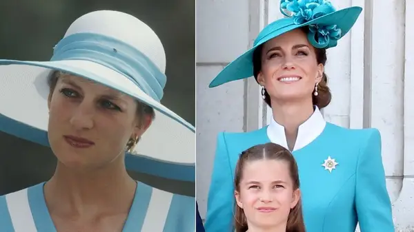 Side-by-side photos of Princess Diana and Kate Middleton with her daughter Charlotte, all wearing teal