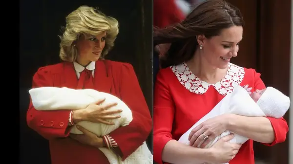Side-by-side photos of Princess Diana and Kate Middleton holding their newborns, dressed in red