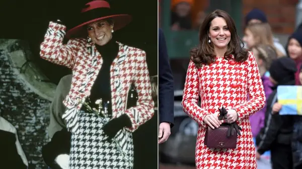 Side-by-side photos of Princess Diana and Kate Middleton wearing houndstooth-patterned outfits