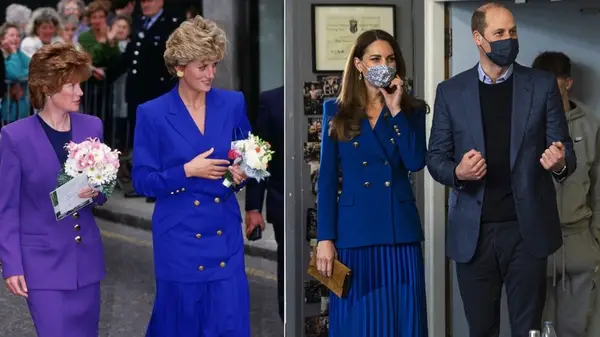 Side-by-side photos of Princess Diana and Kate Middleton, each wearing a cobalt blue skirt and six-button jacket
