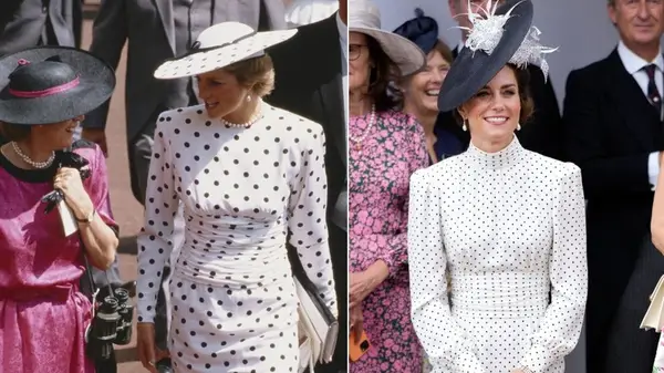 Side-by-side photos of Princess Diana and Kate Middleton in polka-dot dresses