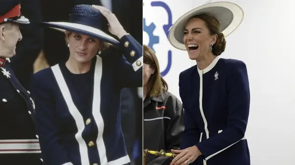 Side-by-side photos of Princess Diana and Kate Middleton in dark navy, sailor-inspired outfits