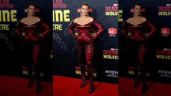 Blake Lively in a red jumpsuit