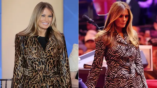 Melania Trump on two different occasions wearing animal print coats