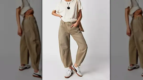 Woman wearing barrel leg jeans