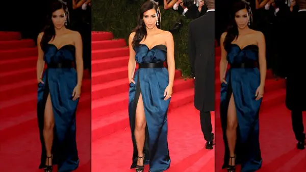 Kim Kardashian in a black and blue dress at the Met Gala