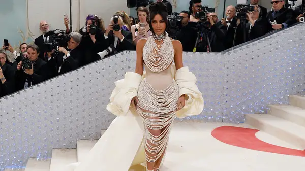 Kim Kardashian in a pearl dress at the Met Gala