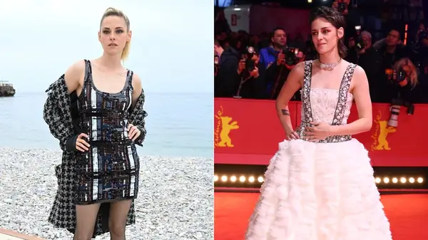 Kristen Stewart on the red carpet in 2023 side by side photos