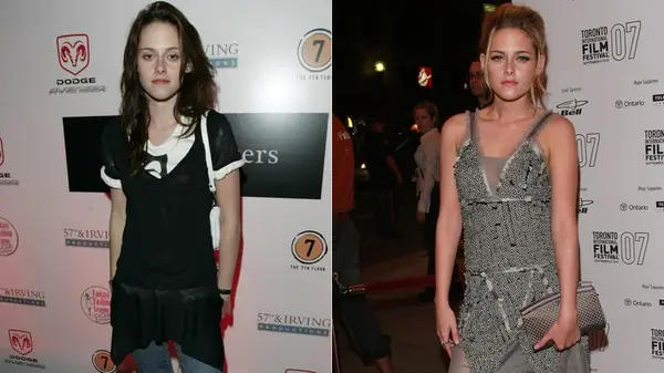 Kristen Stewart posing on the red carpet in 2007 side by side photos