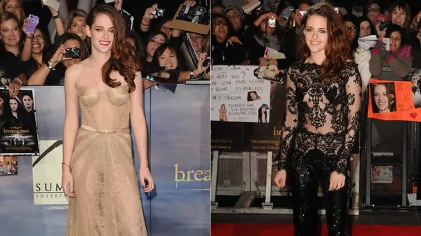 Kristen Stewart at two The Twilight Saga: Breaking Dawn -- Part 2 premieres side by side photos