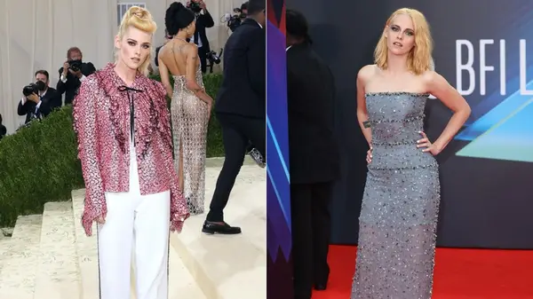 Kristen Stewart on the red carpet in 2021 side by side photos
