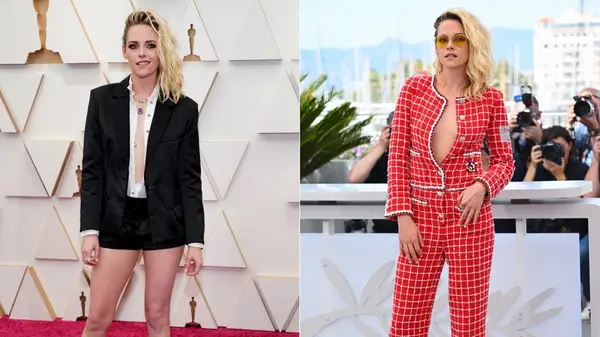 Kristen Stewart posing for photos in 2022 side by side photos