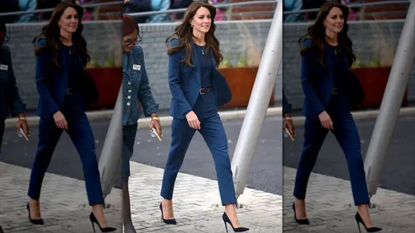 Kate Middleton in a navy pantsuit in December 2023