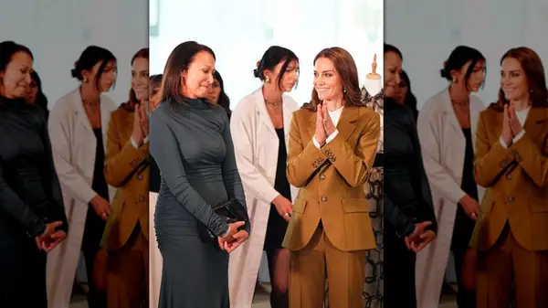 Kate Middleton in a brown pantsuit in May 2025