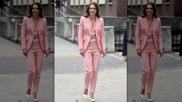 Kate Middleton in a pink pantsuit in May 2023