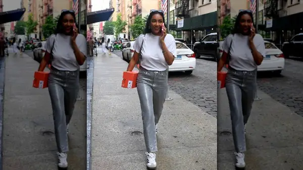 Woman wearing metallic jeans