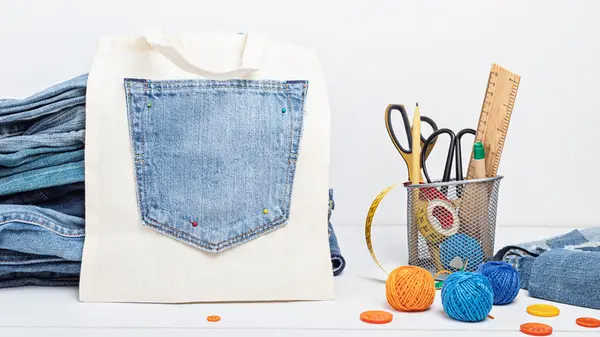 Tote bag with denim pocket
