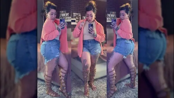 Woman in denim shorts and gladiator sandals